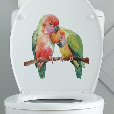Aquarel Papegaai Boomtak Toiletsticker Waterdicht PVC Badkamer Muursticker Kleurrijke Koppel Vogel Huis Decoratie