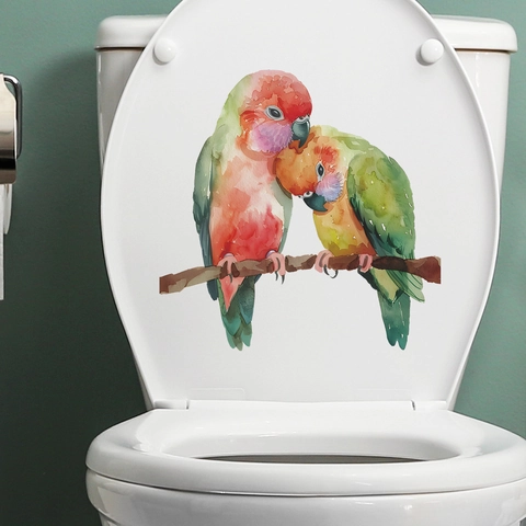 Aquarel Papegaai Boomtak Toiletsticker Waterdicht PVC Badkamer Muursticker Kleurrijke Koppel Vogel Huis Decoratie
