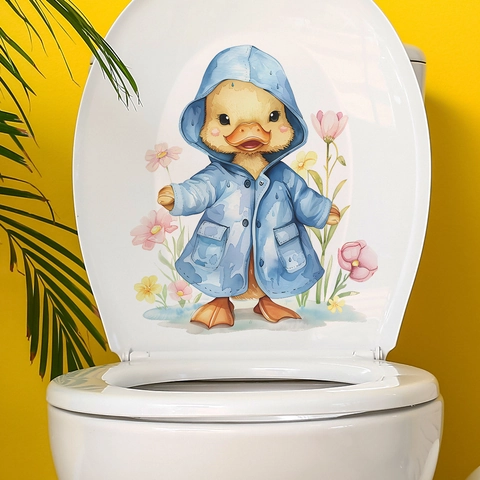 Adesivo per Bagno con Papera dei Cartoni Animati in Impermeabile Blu PVC Decalcomania Decorativa per Gabinetto Parete Casa