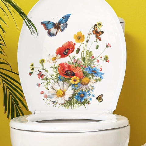 Adesivo per Coperchio WC Acquerello Fiori Farfalle in PVC Rimovibile Impermeabile Decalcomania Sedile Gabinetto Bagno Arte Murale