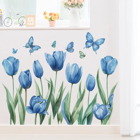Blue Tulip Butterfly Wall Sticker PVC Waterproof Self Adhesive Watercolor Flower Decal For Bedroom Living Room Decor
