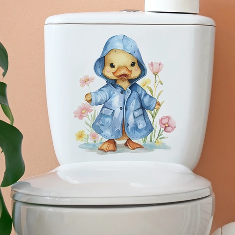 Adesivo per Bagno con Papera dei Cartoni Animati in Impermeabile Blu PVC Decalcomania Decorativa per Gabinetto Parete Casa