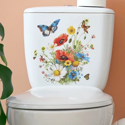 Adesivo per Coperchio WC Acquerello Fiori Farfalle in PVC Rimovibile Impermeabile Decalcomania Sedile Gabinetto Bagno Arte Murale