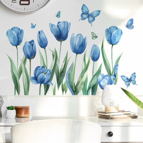 Blue Tulip Butterfly Wall Sticker PVC Waterproof Self Adhesive Watercolor Flower Decal For Bedroom Living Room Decor