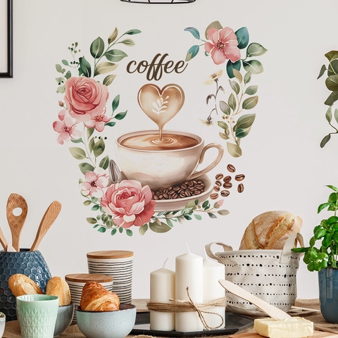 Watercolor Coffee Cup Heart Latte Pink Rose Flower Wall Sticker Removable PVC Decal For Kitchen Dining Room Home Decor