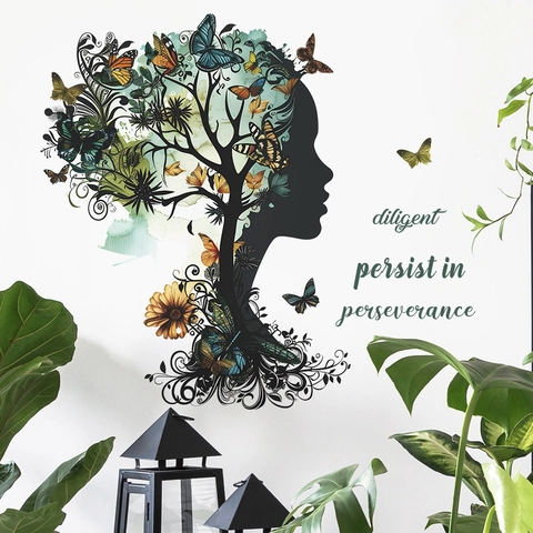 Creative Woman Silhouette Tree Butterfly Wall Decal With Diligent Quote Multicolor PVC Wall Sticker For Home Decor