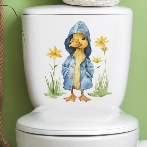 Waterproof PVC Cartoon Yellow Duck In Blue Raincoat Toilet Sticker Watercolor Flower Wall Decal For Bathroom Home Decor