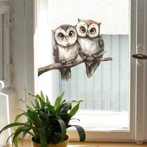 Cartoon Eule Zweig Aquarell Statische Haftung Fensteraufkleber PVC Abnehmbare Glasaufkleber Für Zuhause Wohnzimmer Schlafzimmer Dekoration