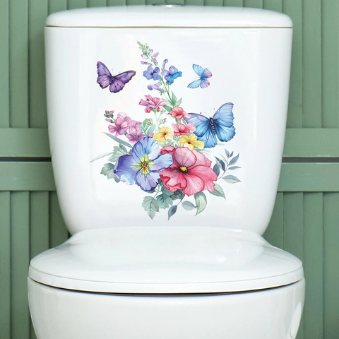 Adesivo per Coperchio WC con Fiori Acquerello e Farfalle in PVC Decorazione Murale Bagno Moderna Decalcomania Artistica Casa