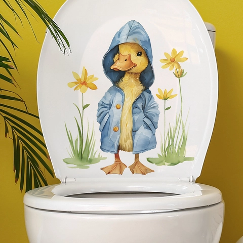 Waterproof PVC Cartoon Yellow Duck In Blue Raincoat Toilet Sticker Watercolor Flower Wall Decal For Bathroom Home Decor