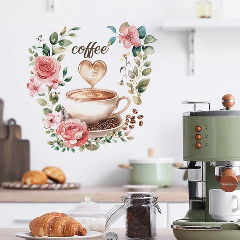 Watercolor Coffee Cup Heart Latte Pink Rose Flower Wall Sticker Removable PVC Decal For Kitchen Dining Room Home Decor