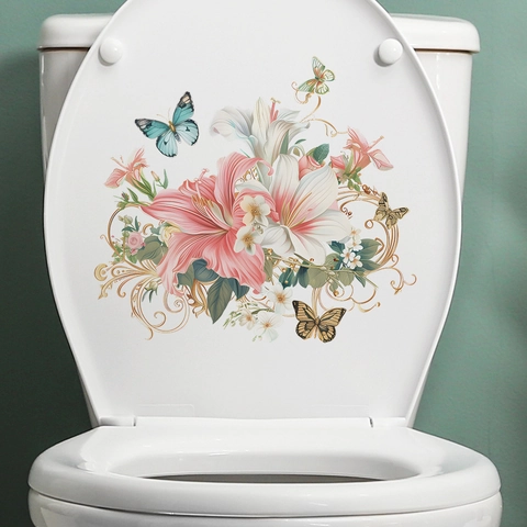 Creatieve Reliëf Lelie Bloem Vlinder Toiletsticker Waterdichte PVC Badkamer Decal Huisdecoratie Bloemen Muurkunst