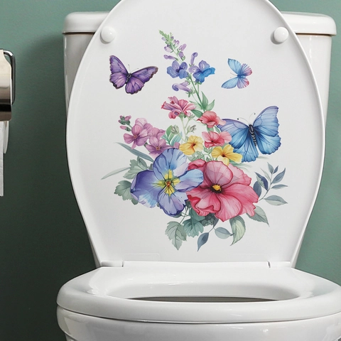 Adesivo per Coperchio WC con Fiori Acquerello e Farfalle in PVC Decorazione Murale Bagno Moderna Decalcomania Artistica Casa