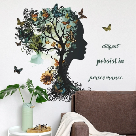 Creative Woman Silhouette Tree Butterfly Wall Decal With Diligent Quote Multicolor PVC Wall Sticker For Home Decor