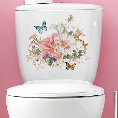 Creatieve Reliëf Lelie Bloem Vlinder Toiletsticker Waterdichte PVC Badkamer Decal Huisdecoratie Bloemen Muurkunst