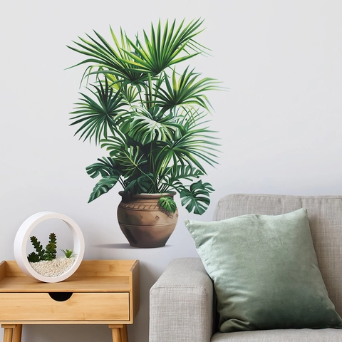 Realistisch 3D Tropisch Topfpflanze Wandtattoo PVC Abnehmbar Fensterblatt Palmblätter Aufkleber Für Wohnzimmer Schlafzimmer Büro Heim