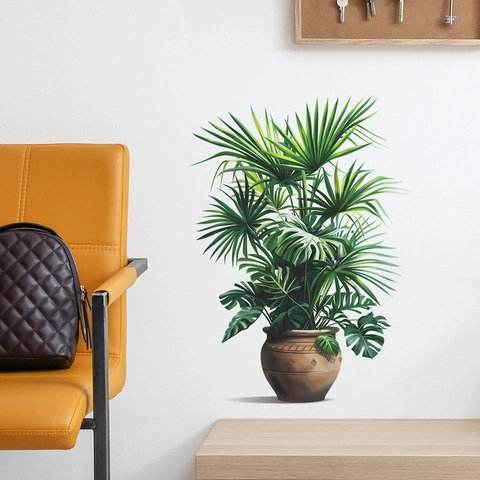 Realistisch 3D Tropisch Topfpflanze Wandtattoo PVC Abnehmbar Fensterblatt Palmblätter Aufkleber Für Wohnzimmer Schlafzimmer Büro Heim