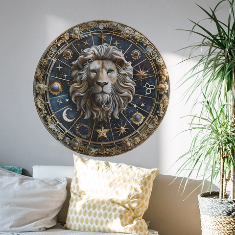 Adesivo da Parete con Bussola Zodiacale Testa di Leone Cielo Stellato PVC Murale Autoadesivo per Soggiorno Camera da Letto Casa