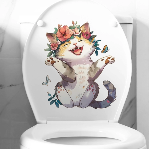 Pegatina para Asiento de Inodoro de Gato de Dibujos Animados Con Guirnalda de Flores Impermeable PVC Mariposa Decoración