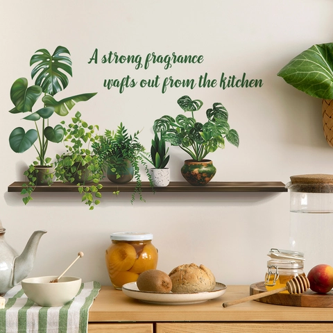 Adesivo da Parete con Piante in Vaso di Simulazione Con Mensola in Legno e Citazione Inglese da Cucina Realistico Monstera PVC Impermeabile Decalcomania da Parete per Arredamento Casa