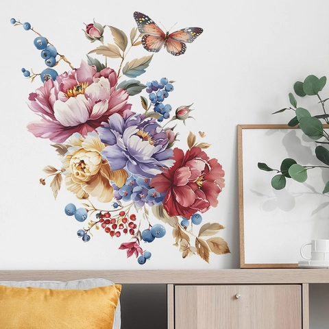 Vivido Adesivo Murale Acquerello Peonia Farfalla Impermeabile PVC Decalcomania per Soggiorno Camera da Letto Casa