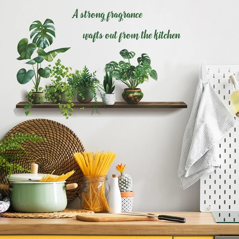 Adesivo da Parete con Piante in Vaso di Simulazione Con Mensola in Legno e Citazione Inglese da Cucina Realistico Monstera PVC Impermeabile Decalcomania da Parete per Arredamento Casa