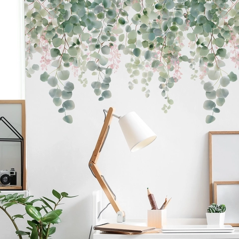 Aquarell Eukalyptusblätter Rosa Blume Wandaufkleber Selbstklebend PVC Schmetterling Ranke Wandtattoos Für Wohnzimmer Dekor