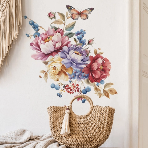 Vivido Adesivo Murale Acquerello Peonia Farfalla Impermeabile PVC Decalcomania per Soggiorno Camera da Letto Casa