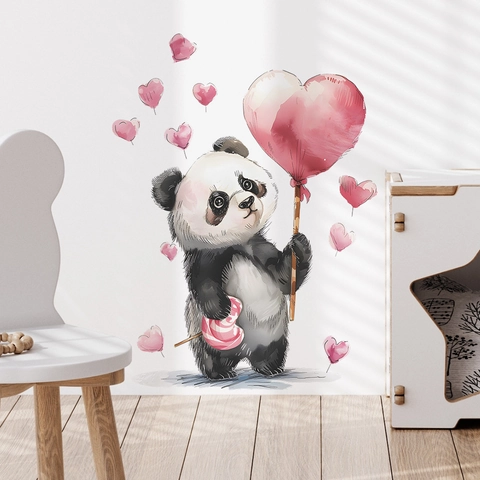 Adesivo da Parete Panda Acquerello Panda Gigante Dipinto a Mano Con Palloncino a Cuore Rosa Lecca-lecca Decalcomania Parete per Bambini