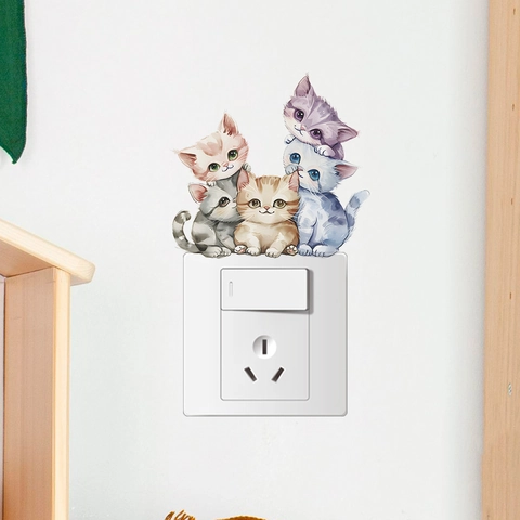Cartoon Gestapelte Katzen Schalter Aufkleber Dekorativ Aquarell Tier PVC Wandtattoo Für Wohnzimmer Schlafzimmer Home Decor Art