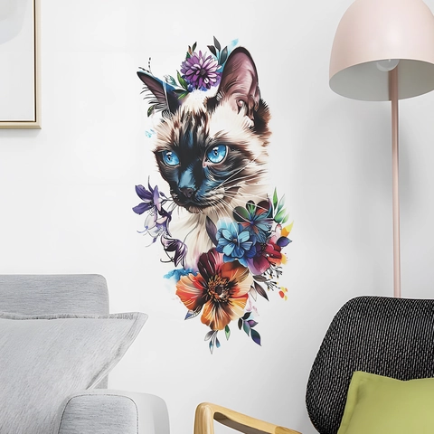 Künstlerisches Aquarell Siamesische Katze Blume Wandtattoo PVC DIY Home Deko Aufkleber Für Wohnzimmer Schlafzimmer Poster