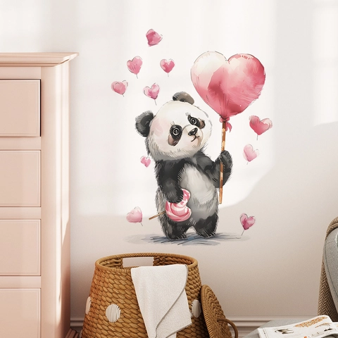 Adesivo da Parete Panda Acquerello Panda Gigante Dipinto a Mano Con Palloncino a Cuore Rosa Lecca-lecca Decalcomania Parete per Bambini