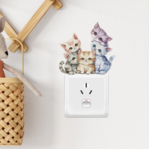 Cartoon Gestapelte Katzen Schalter Aufkleber Dekorativ Aquarell Tier PVC Wandtattoo Für Wohnzimmer Schlafzimmer Home Decor Art