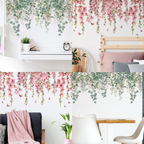 Aquarell Eukalyptusblätter Rosa Blume Wandaufkleber Selbstklebend PVC Schmetterling Ranke Wandtattoos Für Wohnzimmer Dekor