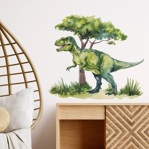Watercolor Green Dinosaur Wall Sticker Cartoon T-Rex With Tree And Grass PVC Removable Decal For Kids Room Nursery Decor