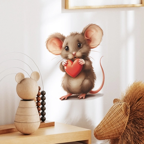 Cartoon Mouse Wall Sticker Holding Red Heart PVC Removable Decorative Decal For Kids Room Nursery Home Wall Decor