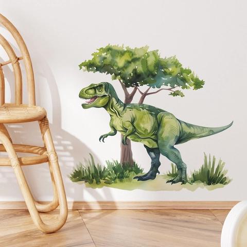 Watercolor Green Dinosaur Wall Sticker Cartoon T-Rex With Tree And Grass PVC Removable Decal For Kids Room Nursery Decor