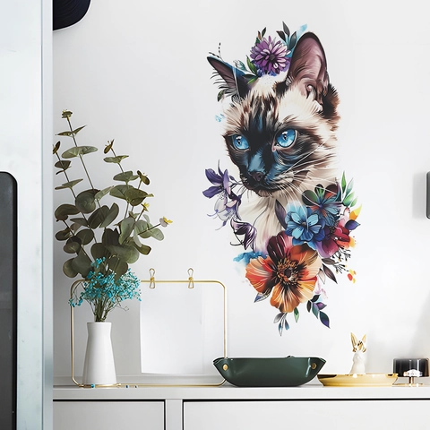 Künstlerisches Aquarell Siamesische Katze Blume Wandtattoo PVC DIY Home Deko Aufkleber Für Wohnzimmer Schlafzimmer Poster