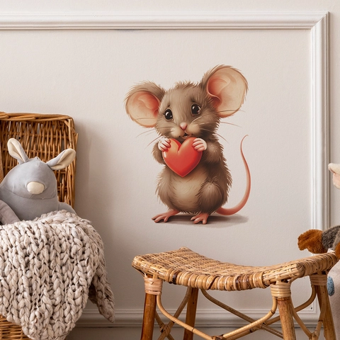 Cartoon Mouse Wall Sticker Holding Red Heart PVC Removable Decorative Decal For Kids Room Nursery Home Wall Decor