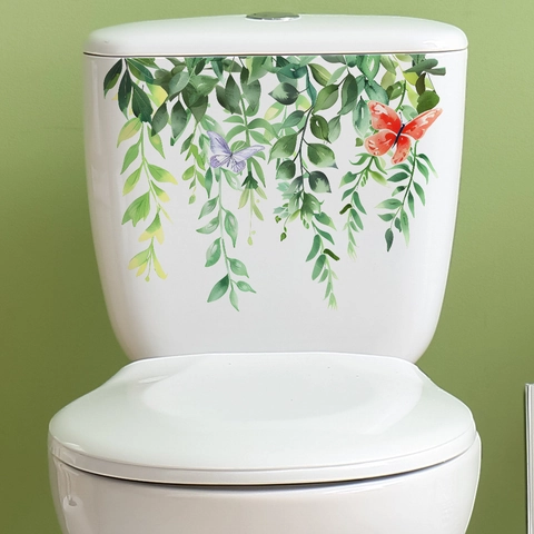 Watercolor Green Leaves Butterfly Toilet Sticker Waterproof PVC Bathroom Toilet Tank Decoration Fresh Wall Decal Home Decor