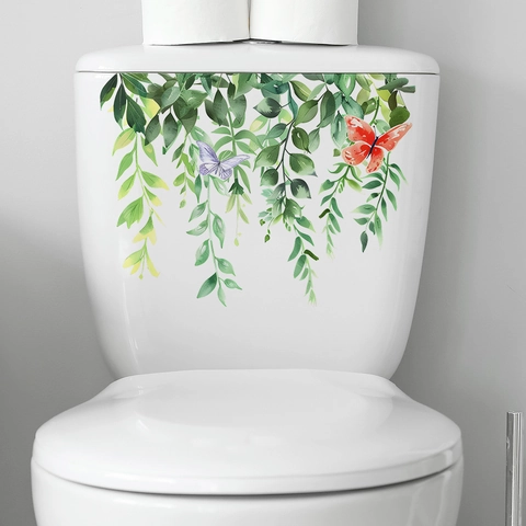 Watercolor Green Leaves Butterfly Toilet Sticker Waterproof PVC Bathroom Toilet Tank Decoration Fresh Wall Decal Home Decor