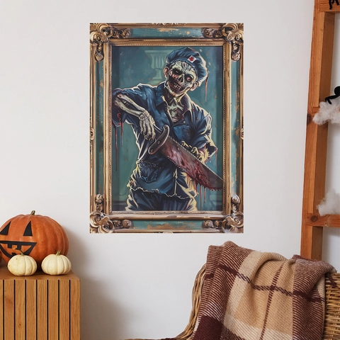 Halloween Bloederige Kettingzaag Zombie 3D Muursticker PVC Vintage Gouden Frame Horror Sticker Voor Woonkamer Slaapkamer Feest