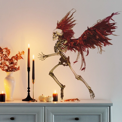 Halloween Creative Angel Skeleton Wall Sticker Red Feathered Wings Gothic PVC Self Adhesive Decal For Living Room Background