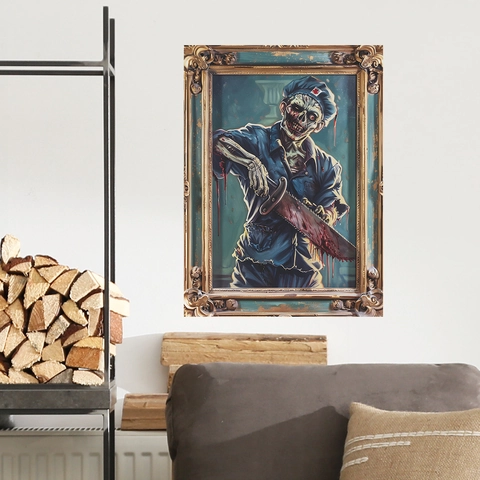 Halloween Bloederige Kettingzaag Zombie 3D Muursticker PVC Vintage Gouden Frame Horror Sticker Voor Woonkamer Slaapkamer Feest