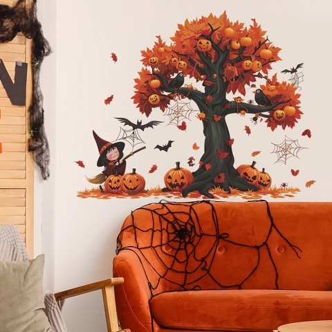 Halloween PVC Wall Stickers Cartoon Witch Pumpkin Bat Tree Decor Self Adhesive Removable Decals For Living Room Bedroom