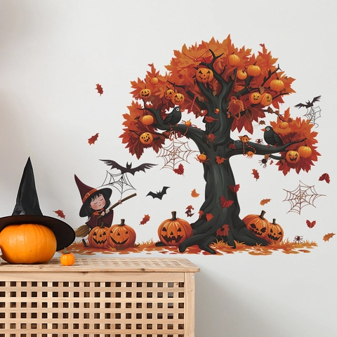 Halloween PVC Wall Stickers Cartoon Witch Pumpkin Bat Tree Decor Self Adhesive Removable Decals For Living Room Bedroom