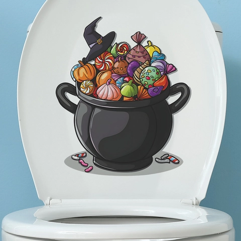 Halloween Hexenkessel Süßigkeiten Toilettenaufkleber Wasserdicht PVC Wandbild Kürbis Hexenhut Badezimmer Festlich Deko