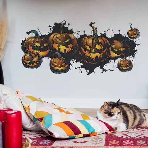 Adesivi Murali di Halloween Zucca Spaventosa Jack-O-Lantern Pipistrello Schizzi d'Inchiostro PVC Decorazione per Soggiorno