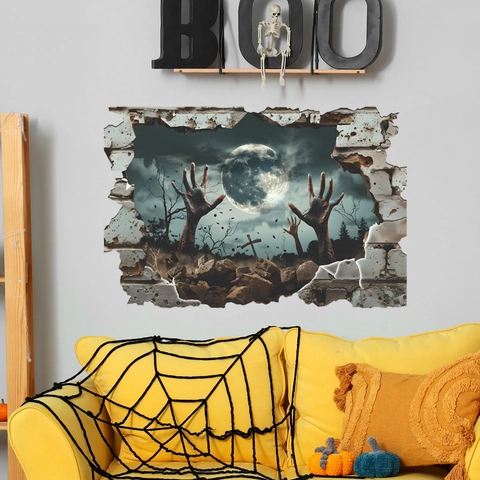3D Halloween Wandtattoo Broken Wall Zombichand Friedhof Mond PVC Gruseliges Wandaufkleber Für Wohnzimmer Schlafzimmer Party