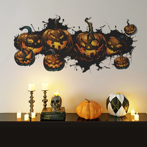 Adesivi Murali di Halloween Zucca Spaventosa Jack-O-Lantern Pipistrello Schizzi d'Inchiostro PVC Decorazione per Soggiorno